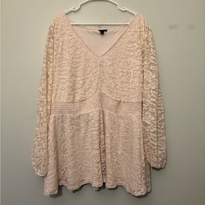 Torrid Lace Top V-Neck Smocked Waist Long Sleeve Babydoll Size 4X Cream